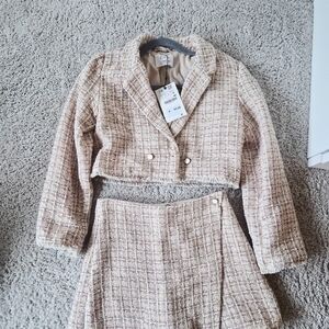 Zara Beige and Red Tweed Fringe Jacket And Skort Set